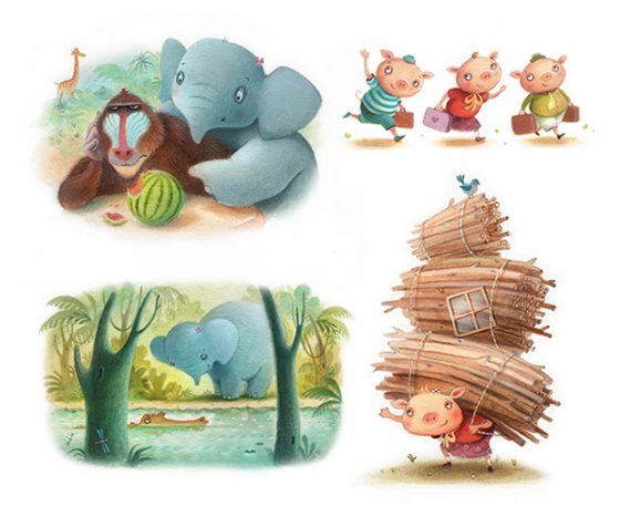 Little blue elephant with a tiny nose talking to a baboon and a crocodile. Little Pig with a large bundle of sticks waving. Richard Johnson Illustrator