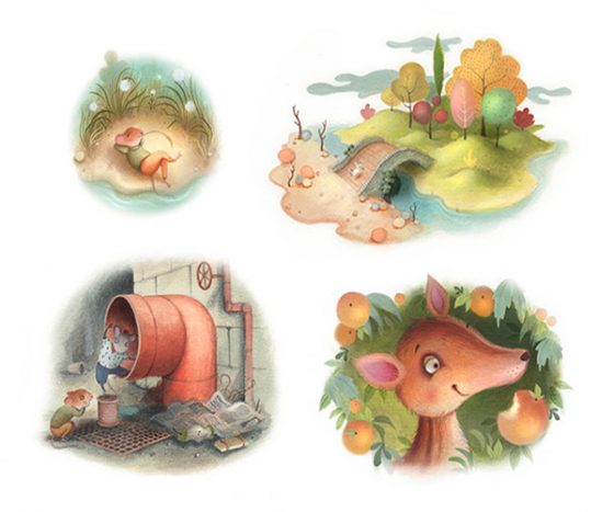 Vignette Examples from the Children's Book. Little mouse day dreaming. Two mice explore a dirty pipe. The Mouse Deer eating a tasty peach. Richard Johnson Illustrator