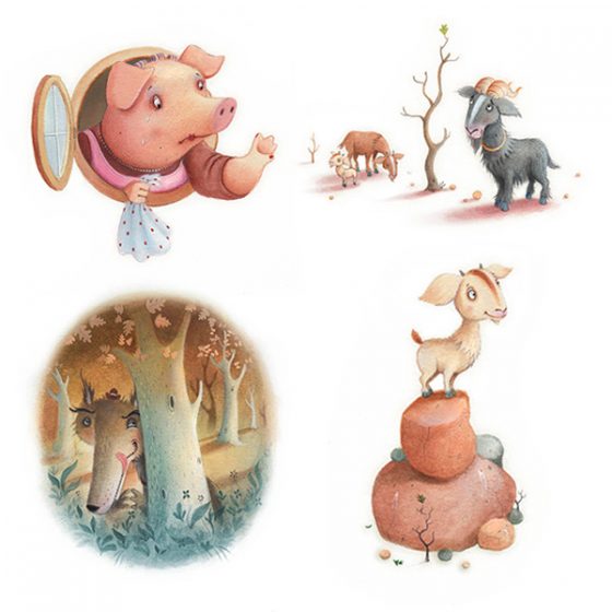 Mother pig waves good bye. Wolf hides behind a tree and the Three Billy Goats Gruff look for food. Richard Johnson Illustrator