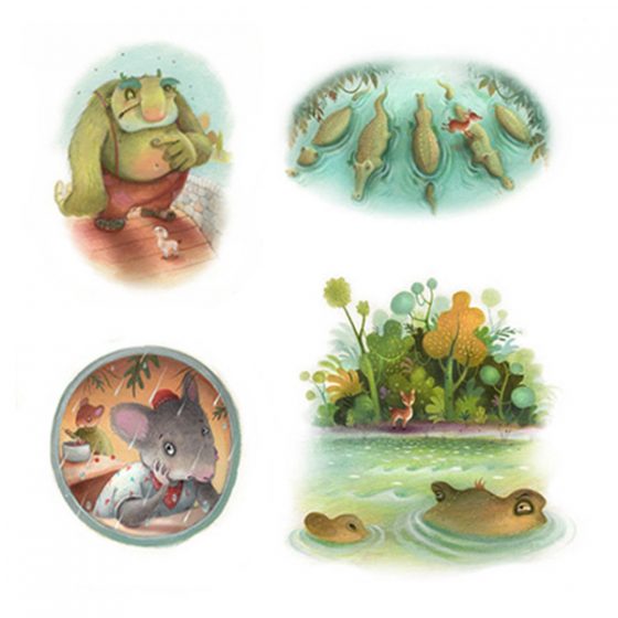 Examples of vignette artwork. A green troll thinking, crocodiles lined up in a row, Mouse upset . Richard Johnson illustrator.