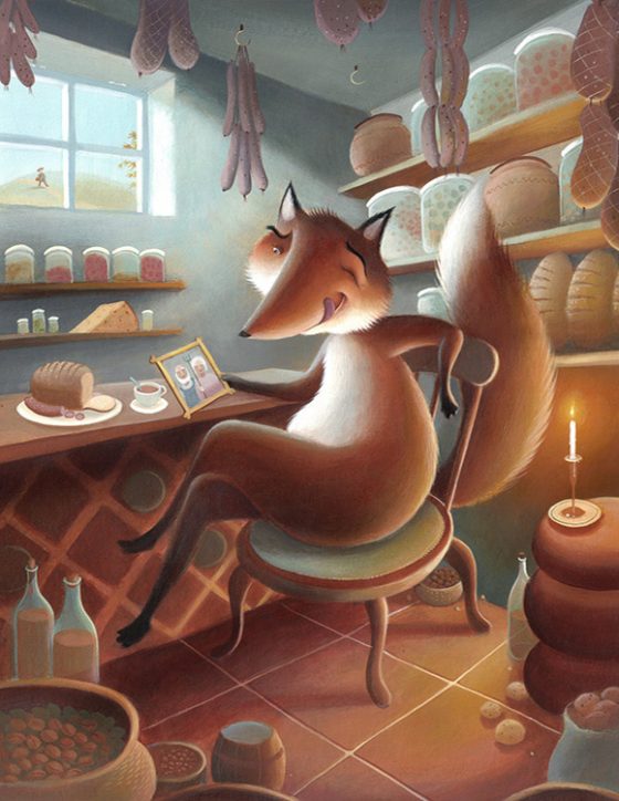 Mr Fox sitting in the farmers kitchen, helping himself to bread and cheese. Bushy tail. Richard Johnson Illustrator