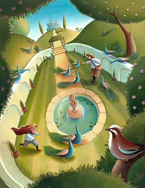 The King's Garden. The young prince chases peacocks around the garden, a Jay looks down from a tree. Richard Johnson Illustrator