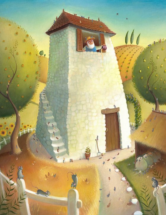 A Farmer throws out spoilt honey, his farm is overrun by mice. Summer fields and white house. Richard Johnson Illustrator