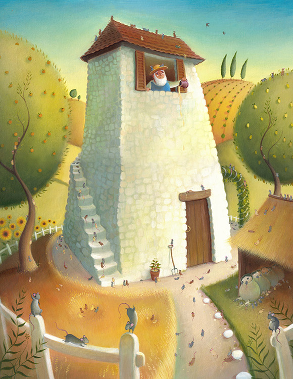 A Farmer throws out spoilt honey, his farm is overrun by mice. Summer fields and white house. Richard Johnson Illustrator