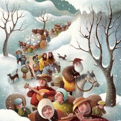 A lone wolf looks down upon a procession of people, walking, riding, playing instruments and talking. Its snowing. Richard Johnson Illustrator