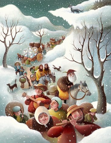 A lone wolf looks down upon a procession of people, walking, riding, playing instruments and talking. Its snowing. Richard Johnson Illustrator