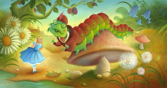 A large colourful caterpillar sits on a large mushroom talking with Alice. He wears round spectacles and a Turban. Richard Johnson Illustrator
