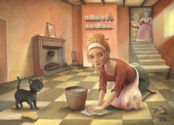 Cinderella in rags, scrubbing the floor. Black watching, ugly sisters in background. Cinderella pop up book. Richard Johnson illustrator.