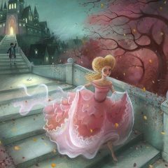 Cinderella on staircase losing her glass slipper. Clock striking midnight. Richard Johnson Illustrator