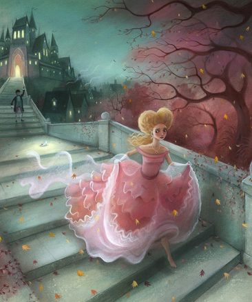 Cinderella on staircase losing her glass slipper. Clock striking midnight. Richard Johnson Illustrator