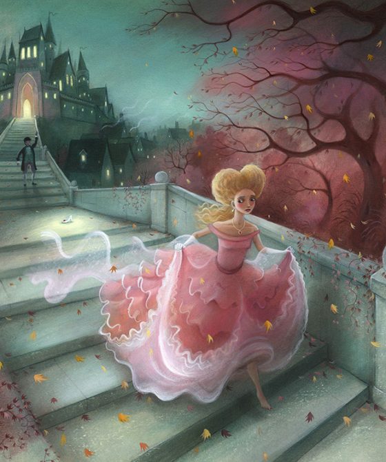 Cinderella on staircase losing her glass slipper. Clock striking midnight. Richard Johnson Illustrator