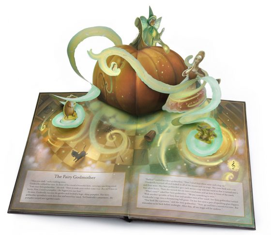 Giant pumpkin, swirling magic. Rats for coachman. Cindrella's rags to riches dress. Richard Johnson illustrator.