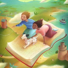 Birds eye view of a flying carpet book. Two children and a dog ride the book over a castle and fields through the clouds. Richard Johnson Illustrator