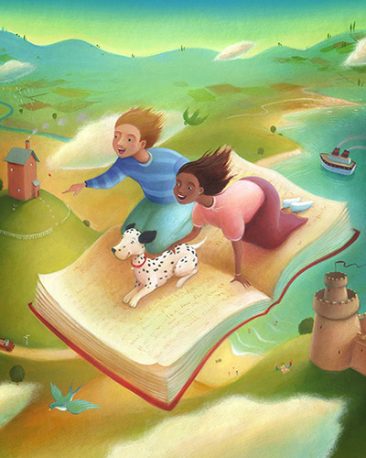 Birds eye view of a flying carpet book. Two children and a dog ride the book over a castle and fields through the clouds. Richard Johnson Illustrator