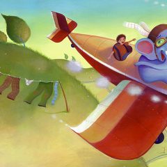 Red plane and big blue elephant. Flying over fields and waving to mum. Richard Johnson Illustrator