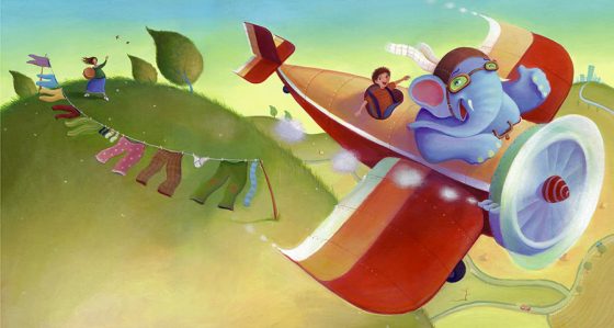 Red plane and big blue elephant. Flying over fields and waving to mum. Richard Johnson Illustrator