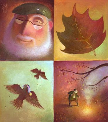 Grandpa and a leaf in autumn colours. Memories of the past, birds fly with medals. He burns leaves in a bonfire. Richard Johnson Illustrator