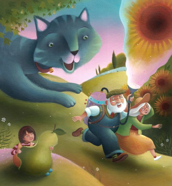 Giant cat chasing people. Girl eating huge pear. Richard Johnson illustrator.