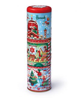 Musical biscuit tin by Harrods. Harrods Christmas Candy Factory. Richard Johnson Illustrator