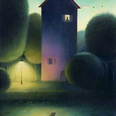 A dark house stands by a river at dusk. A man rows past illuminated by an outside lamp, a figure stands at an upstairs window. Richard Johnson Illustrator