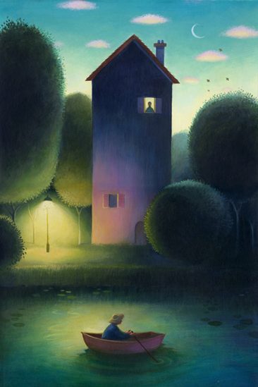 A dark house stands by a river at dusk. A man rows past illuminated by an outside lamp, a figure stands at an upstairs window. Richard Johnson Illustrator