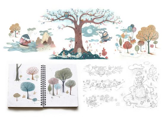 Sketchbook drawings for Liberty of London magical forest mural artwork. Richard Johnson illustrator.