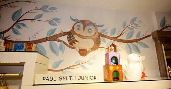 Owl mural Liberty London. Children's department. Richard Johnson illustrator.