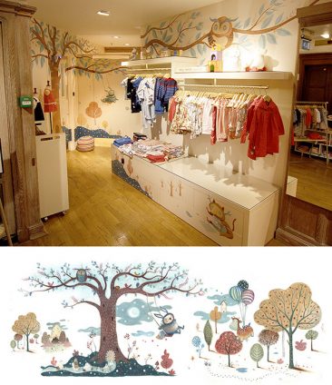 Mural artwork painted on the walls of the children's department of Liberty London. A magical forest full of little creatures. Richard Johnson Illustrator