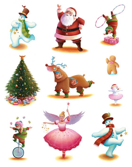 Christmas characters for Marks and Spencer Christmas food packaging. Richard Johnson illustrator.