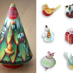 Christmas tree biscuit tin by Marks and spencer. Richard Johnson Illustrator