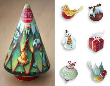 Christmas tree biscuit tin by Marks and spencer. Richard Johnson Illustrator