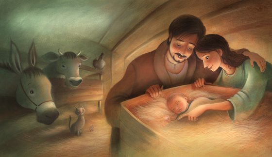 The birth of baby Jesus. Mary and Joseph look down on the newborn in the crib. The animals look on. Richard Johnson Illustrator