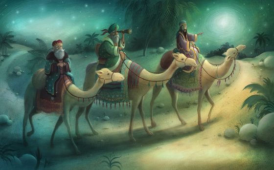 Camels and kings travelling to Bethlehem, Following star in night sky. Richard Johnson illustrator.