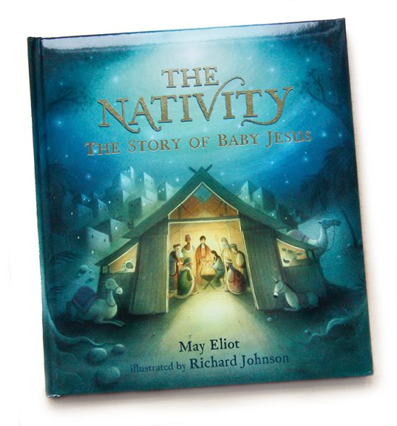The Nativity front cover published by Random House. Joseph, Mary and baby Jesus. The Three Kings and the Three Shepherds, animals and the stable at night. Richard Johnson Illustrator