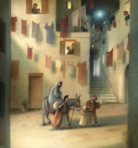 No Room at the inn. Mary rides a donkey with Joseph following the Innkeeper to the stable. Night time, washing hangs from the buildings. Richard Johnson Illustrator