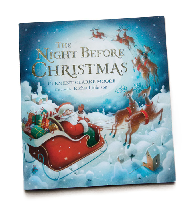 The Night Before Christmas. Santa in sleigh pulled by reindeer. Richard Johnson illustrator.