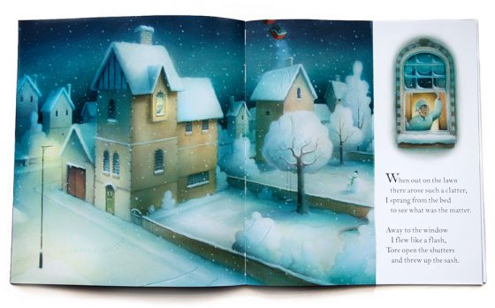 He looked out of the window and saw tracks in the snow. Houses covered in snow, quiet. Christmas Eve. Richard Johnson Illustrator