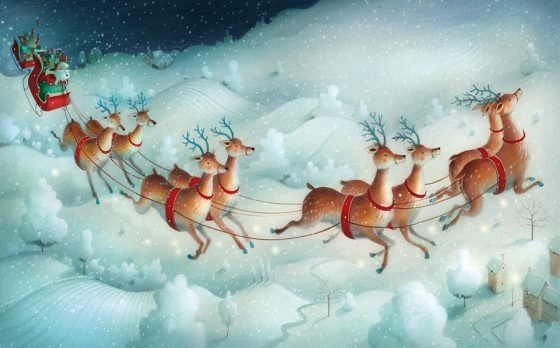 Father Christmas and his reindeer flying over snowy fields, small houses below. Richard Johnson Illustrator