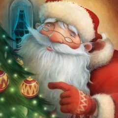 Santa looking at baubles on a Christmas tree. Richard Johnson Illustrator