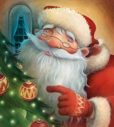 Santa looking at baubles on a Christmas tree. Richard Johnson Illustrator