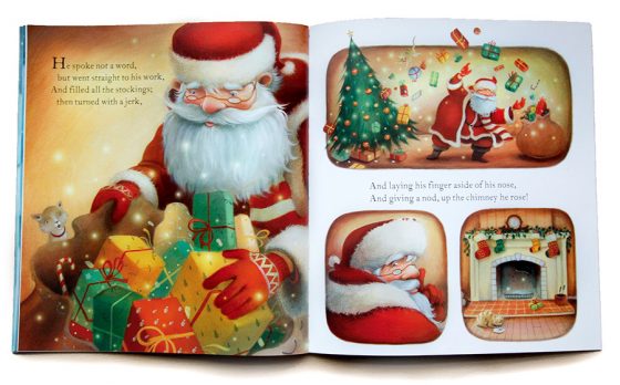 Santa delivering presents. Panelled artwork. Magic, presents, Christmas Tree. Richard Johnson illustrator.