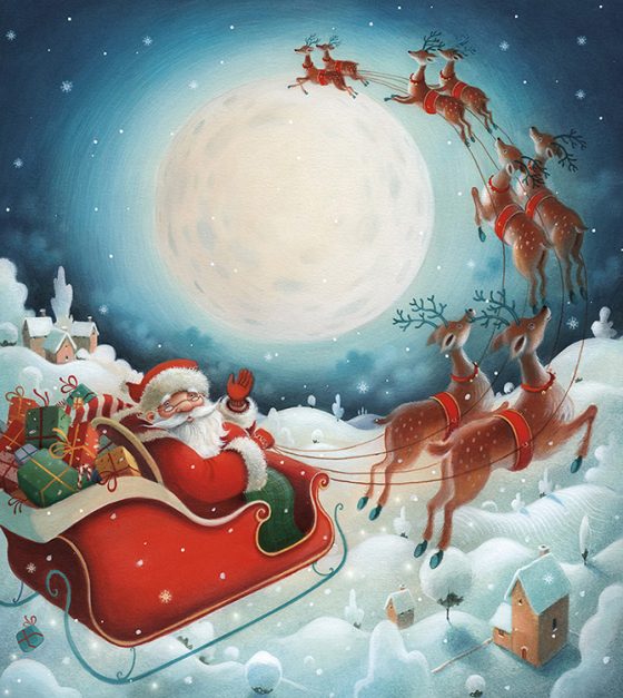 Father Christmas in sleigh flying over snowy fields. Presents and reindeer. Richard Johnson illustrator.