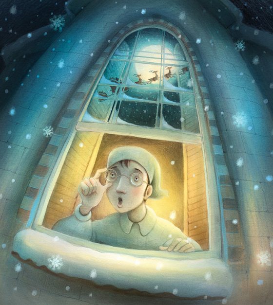 Man opening window looking out into the snowy night to see Santa Flying over head in his sleigh. Richard Johnson illustrator.