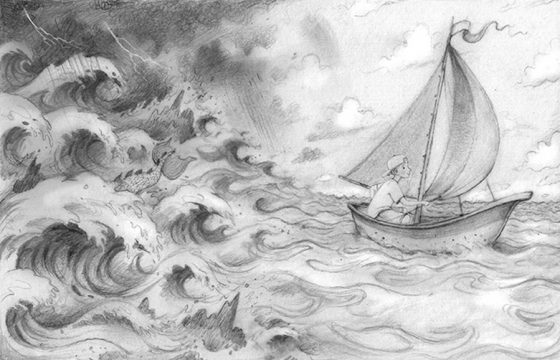 Drawing for advertisement poster. Boy in boat on stormy sea. Richard Johnson illustrator.