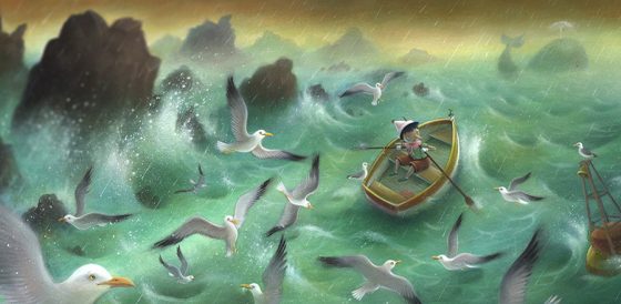 Pinocchio sets out to sea in a small row boat. He is followed for a while by seagulls until the Whale appears on the horizon. Richard Johnson Illustrator