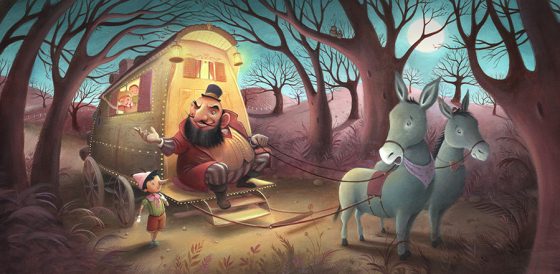 Pinocchio is persuaded to run away to Playland by the Ringmaster. The donkeys worriedly look on. Scary trees set the scene. Richard Johnson Illustrator