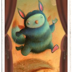 Little creature with a worm for a pet. He has stripy fur and is about to fall off a cliff. Richard Johnson Illustrator