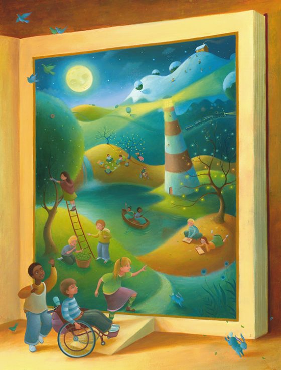 AOI poster for Scope. Putting children in the picture. Moonlit hillside and mountains, a lighthouse shines over children stepping into a book. Richard Johnson Illustrator