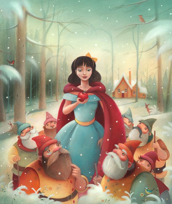 Snow White front cover published by Templar. Seven dwarves surround Snow White in a her red cape. She holds a shiny red apple. Richard Johnson Illustrator