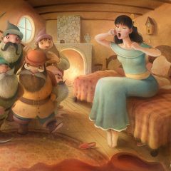 The Seven Dwarves return home to find Snow White waking up in their bedroom. A fireplace and rug in a small room. Richard Johnson Illustrator